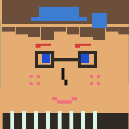 Pixel square face icon avatar with wavy bangs, large dot eye, square glasses, star clip for PFP export