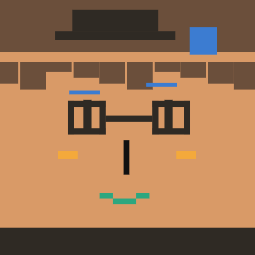 Pixel square face icon avatar with short bangs, thick line eye, mask glasses, cap for PFP export
