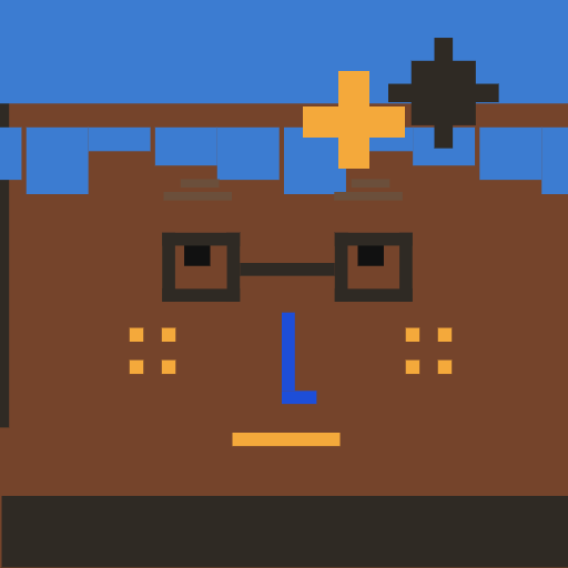 Pixel square face icon avatar with short bangs, thin eye, half glasses, star clip for PFP export