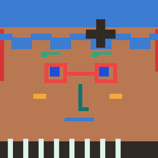 Pixel square face icon avatar with choppy bangs, large dot eye, round glasses, pin for PFP export
