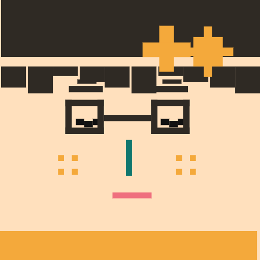 Pixel square face icon avatar with short bangs, u eye, monocle, star clip for PFP export